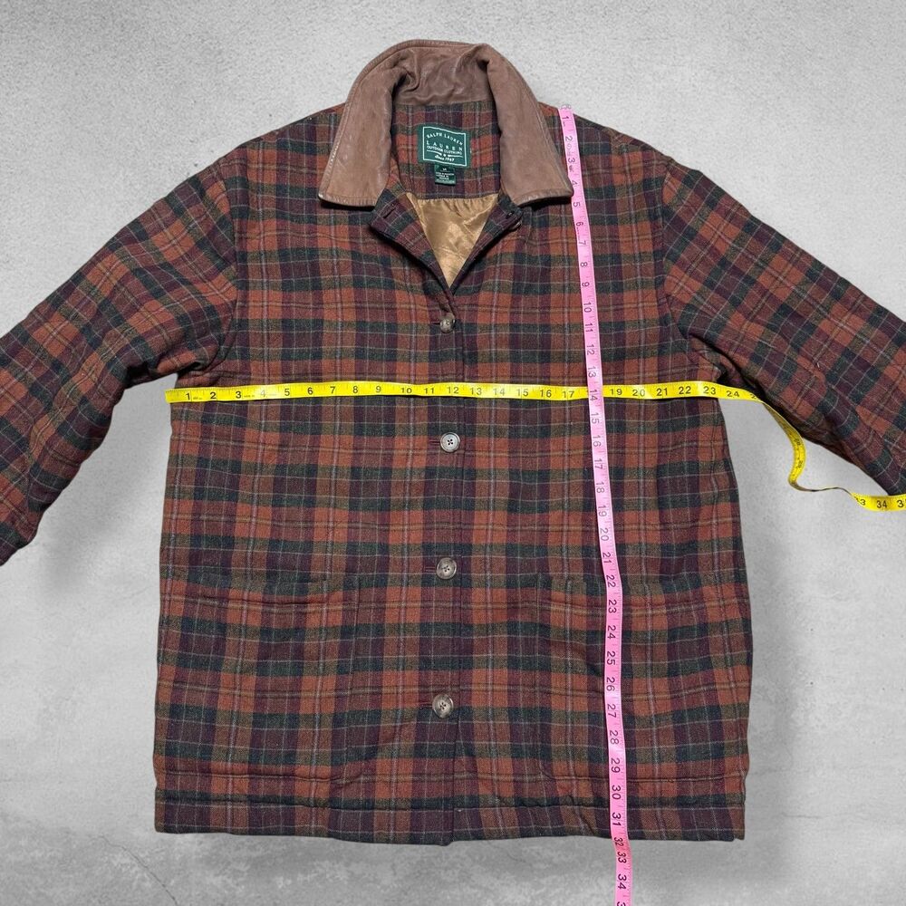 Vtg 90s Ralph Lauren Outdoor Jacket Lambswool Leather Barn Chore Coat Boxy Plaid - Picture 4 of 7